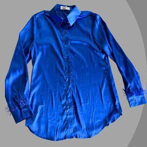 LIFE Love is for Eternity Women's Blue Long Sleeve Feather Blouse, Size Small